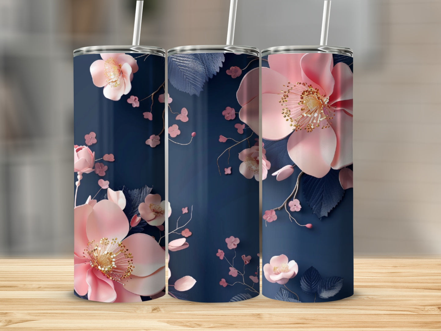 Navy blue tumbler with large pink floral and leaf design.