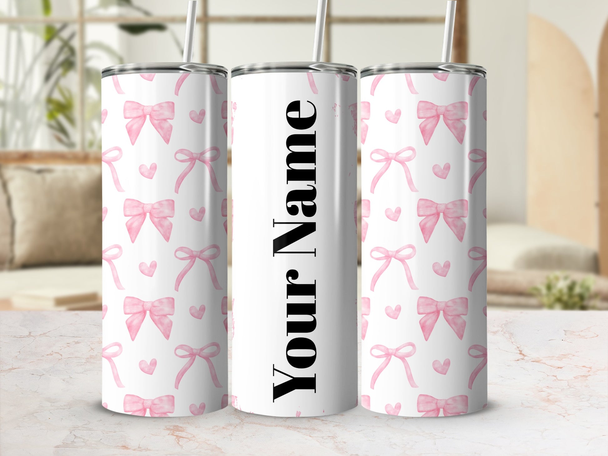 Personalized Pink Bow and Heart Pattern Tumbler