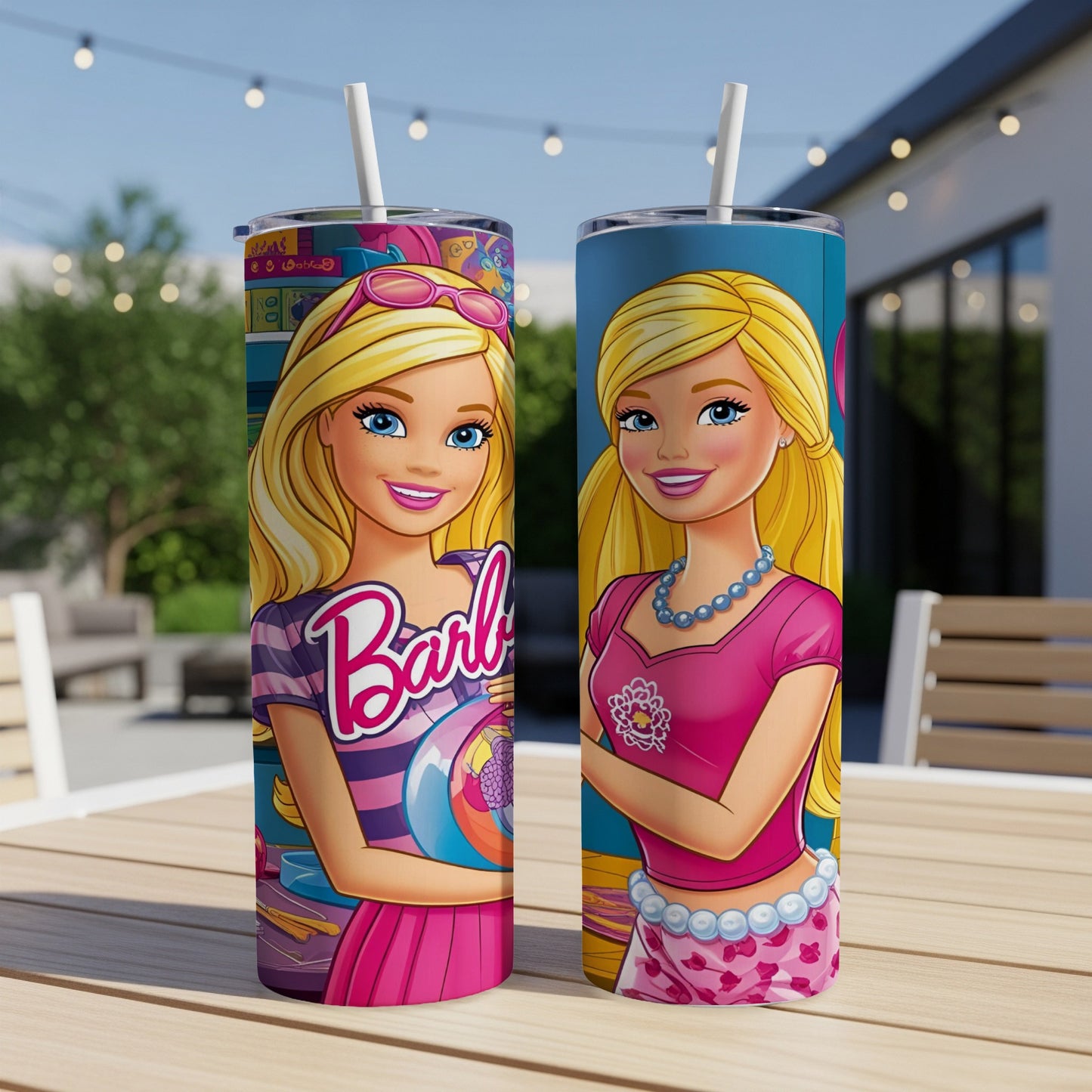 Barbie character with "Barbie" text on a pink striped tumbler.