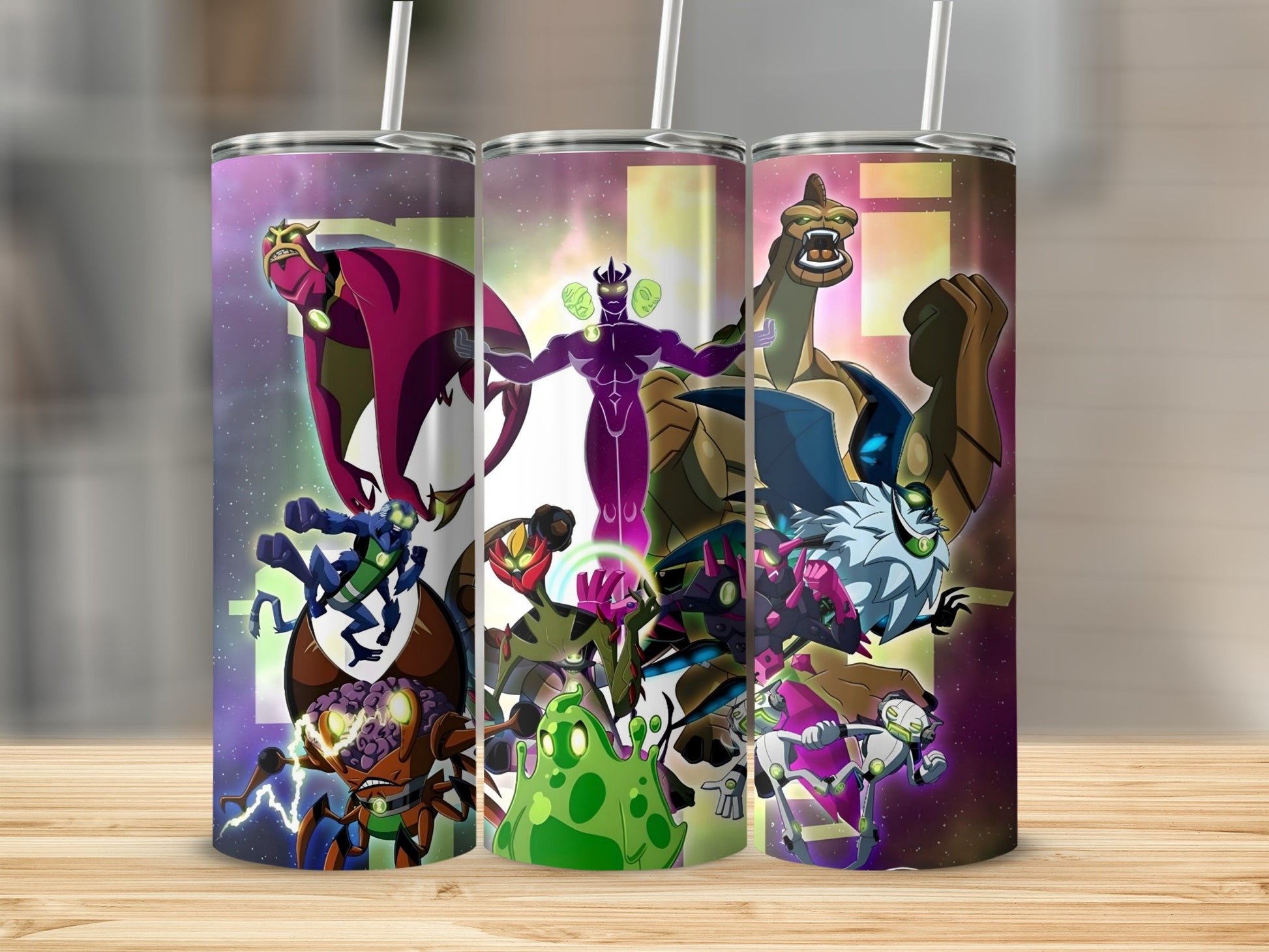 Alien superheroes cosmic battle insulated tumbler