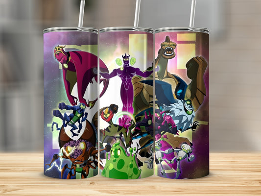 Alien superheroes cosmic battle insulated tumbler