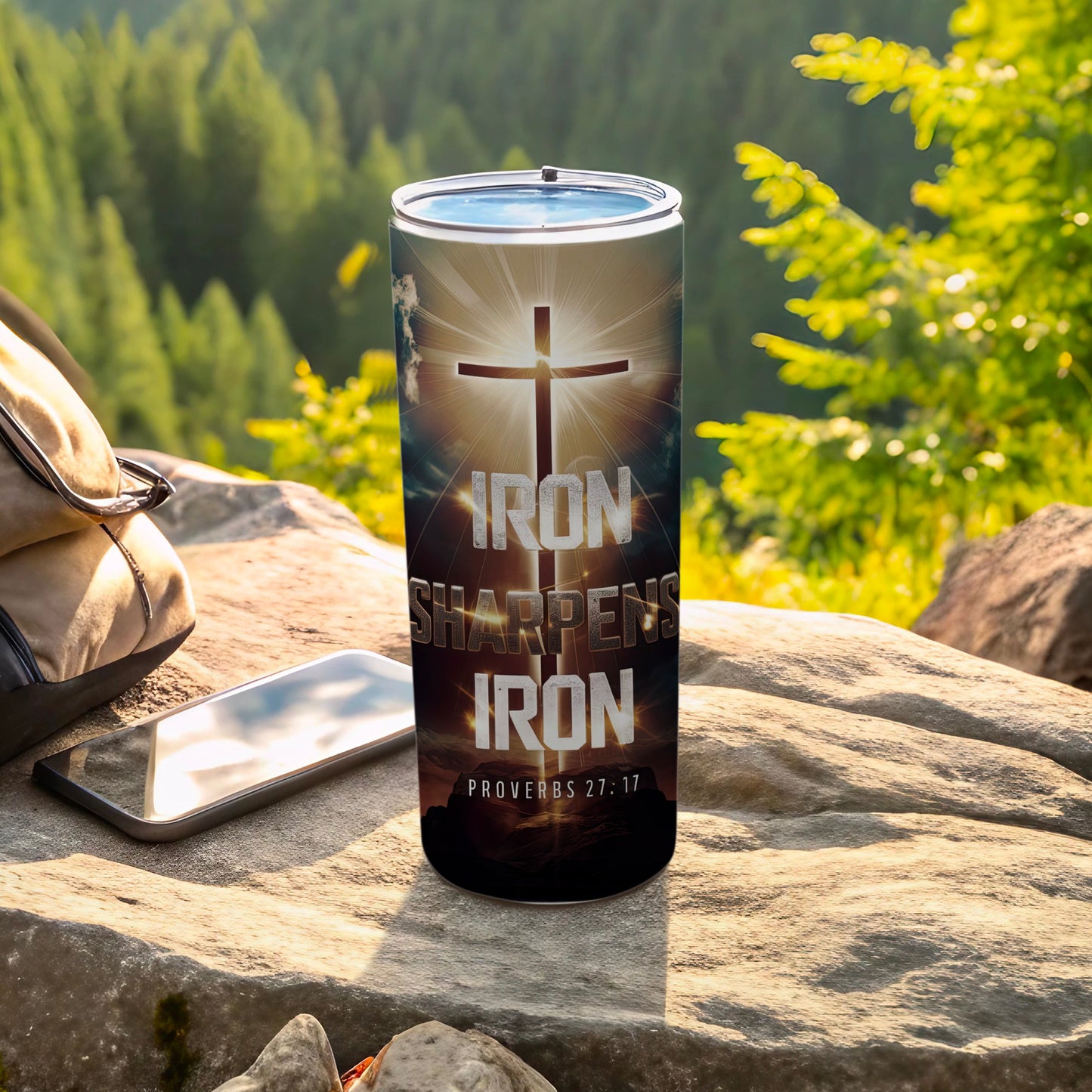 Tumbler with a cross and "IRON SHARPENS IRON" text, Proverbs 27:17.