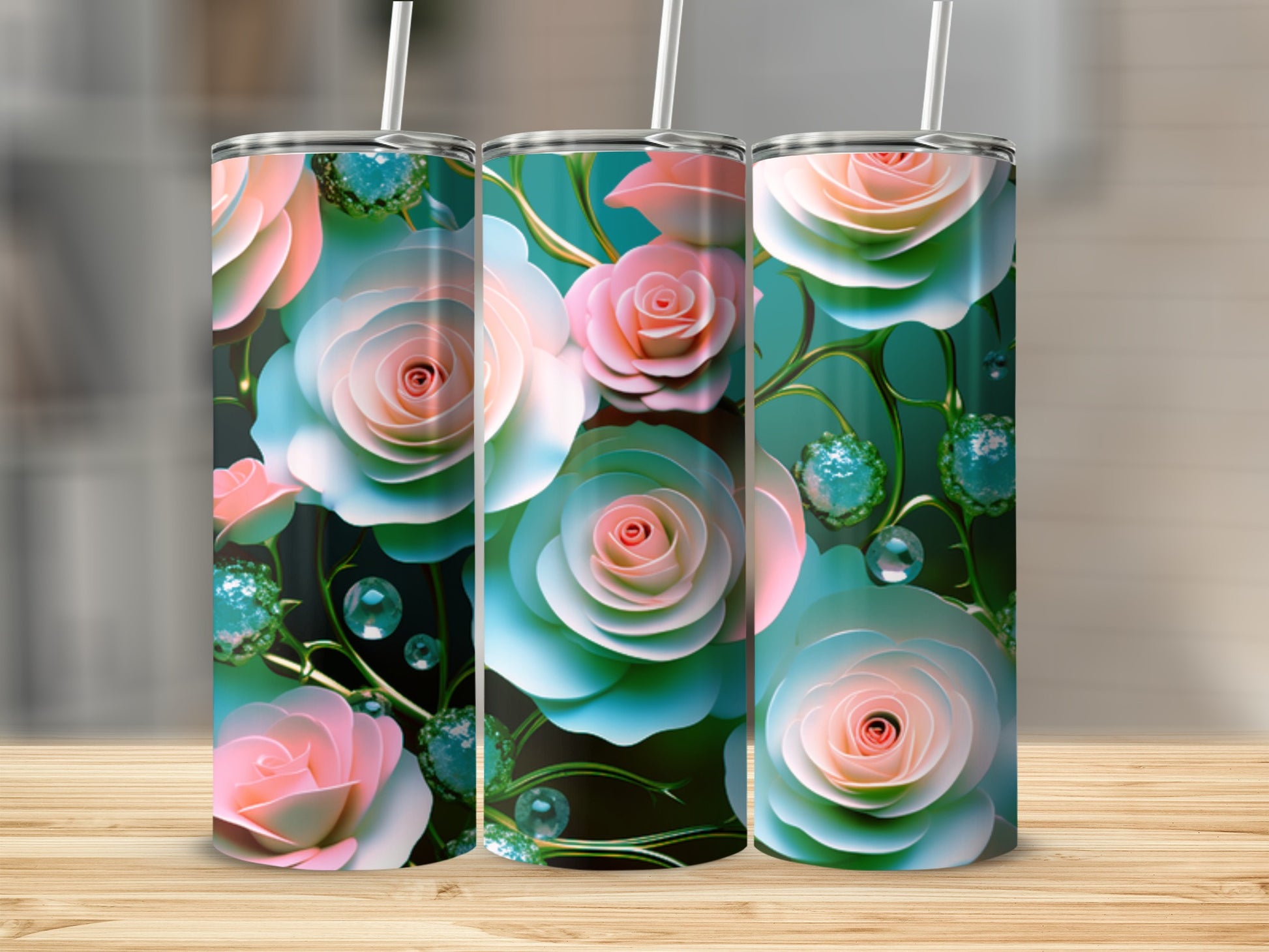 Three tumblers with pink and white roses and turquoise accents.