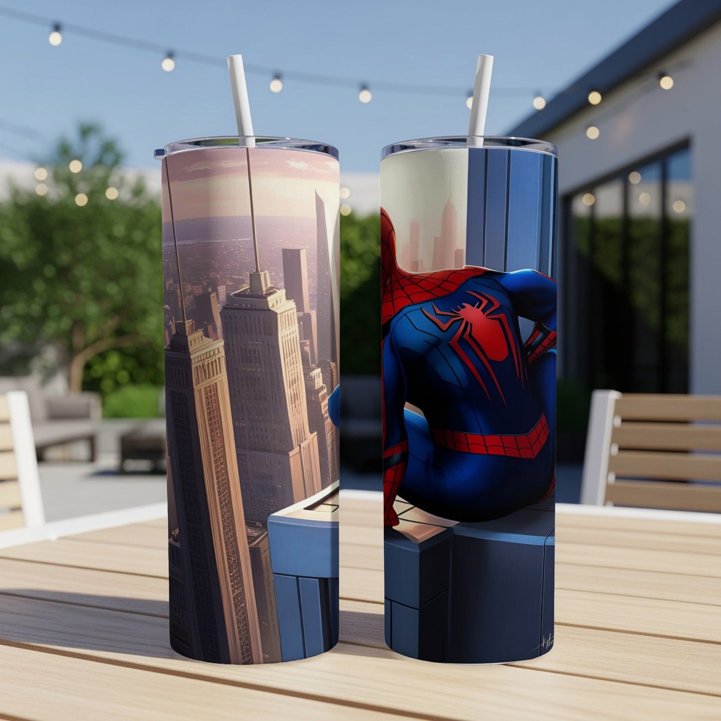 Spider-Man looking over a city skyline from a skyscraper ledge.