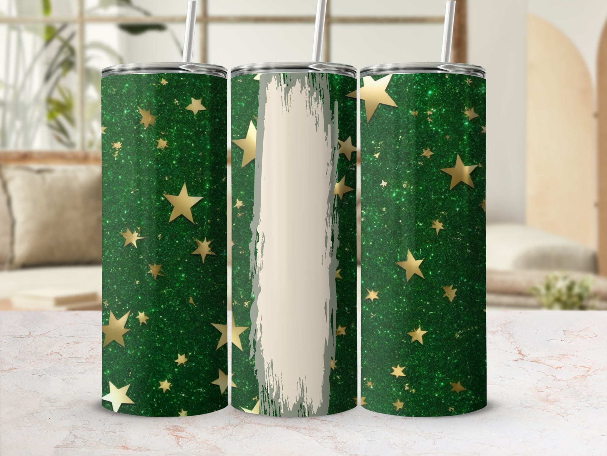 Green glitter tumbler with gold stars and distressed center panel.