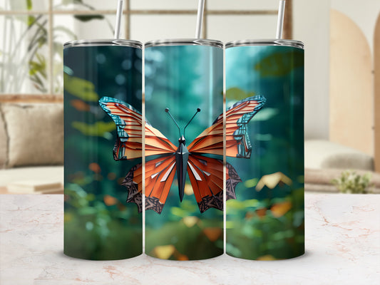 Tall tumbler with butterfly design and nature background.