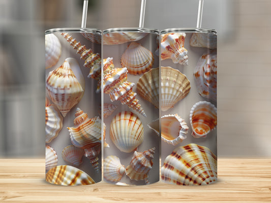 Three tumblers featuring a collage of detailed seashells in warm tones.