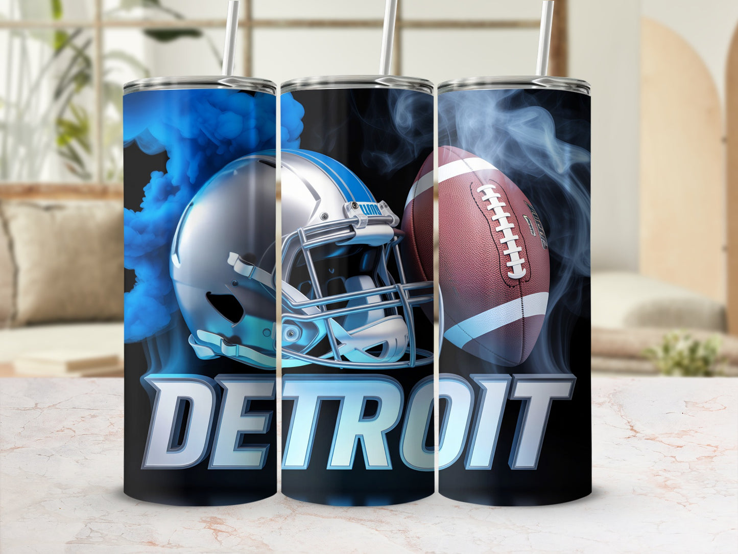 Detroit football helmet and ball with blue smoke.