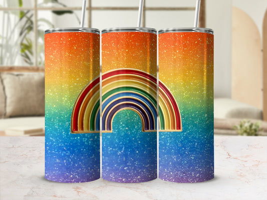 Rainbow glitter tumbler with a metallic rainbow arch design.