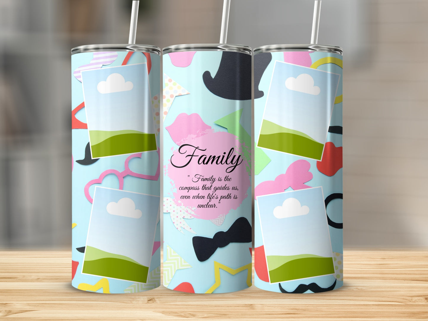 Three tumblers with a light blue background, featuring photos, silhouettes, and the quote "Family is the compass that guides us, even when life's path is unclear."
