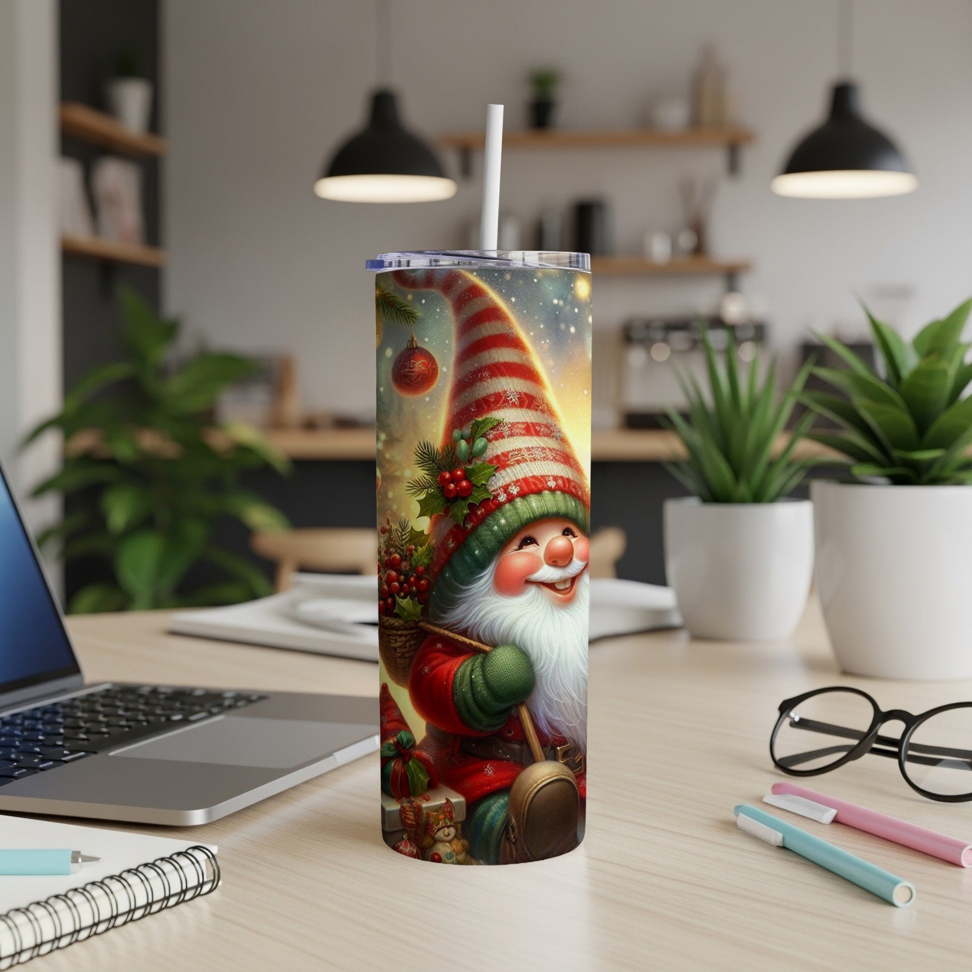 Christmas gnome with Santa hat and sack on a decorated tumbler.