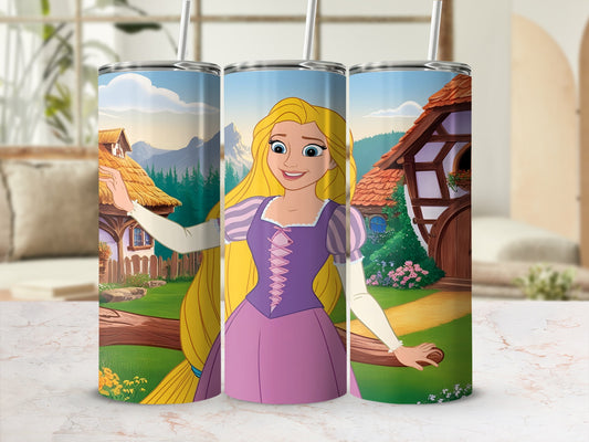 Rapunzel from Tangled in a purple dress, standing in a whimsical village setting.
