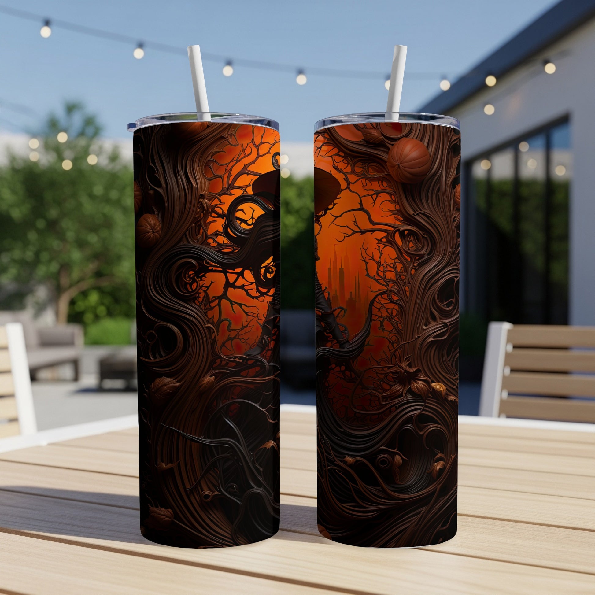 Two tall tumblers with a Halloween-themed design of spooky trees and pumpkins.