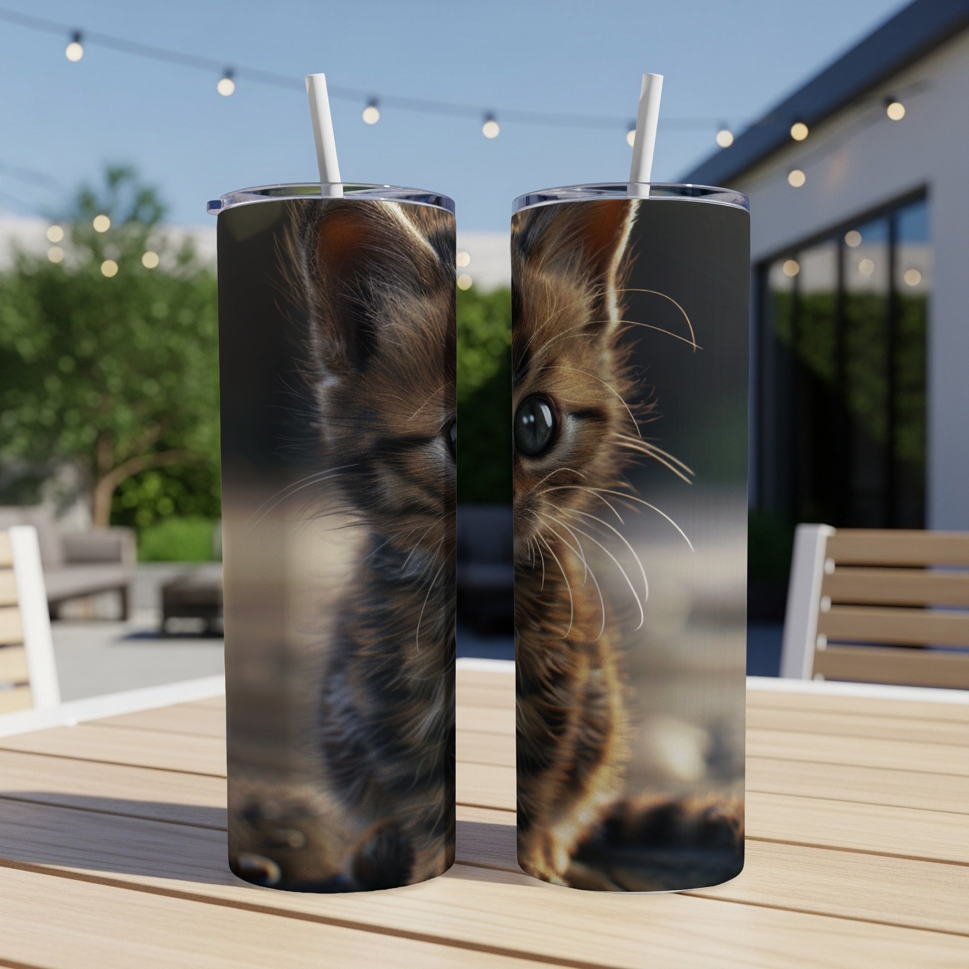 Two tumblers featuring a close-up of a fluffy kitten's face with brown fur.