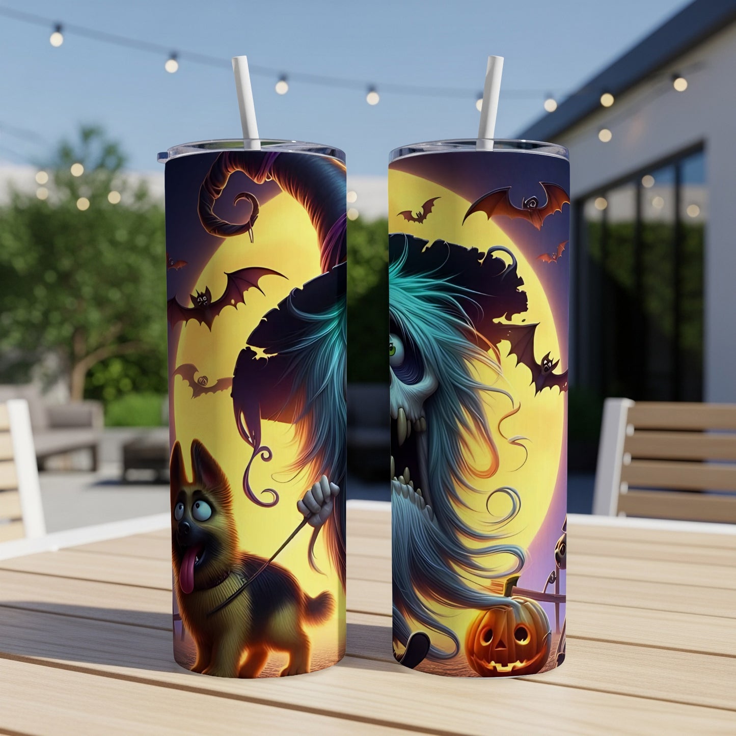 Halloween tumblers with spooky witch, dog, bats, and a jack-o'-lantern against a full moon.