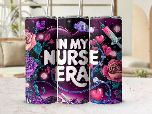 Tumbler with nurse-themed design featuring text "IN MY NURSE ERA" and floral accents.