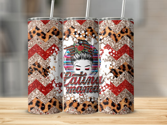 Two tumblers with a leopard print and chevron design flank a central tumbler with a "Latina Mama" design.
