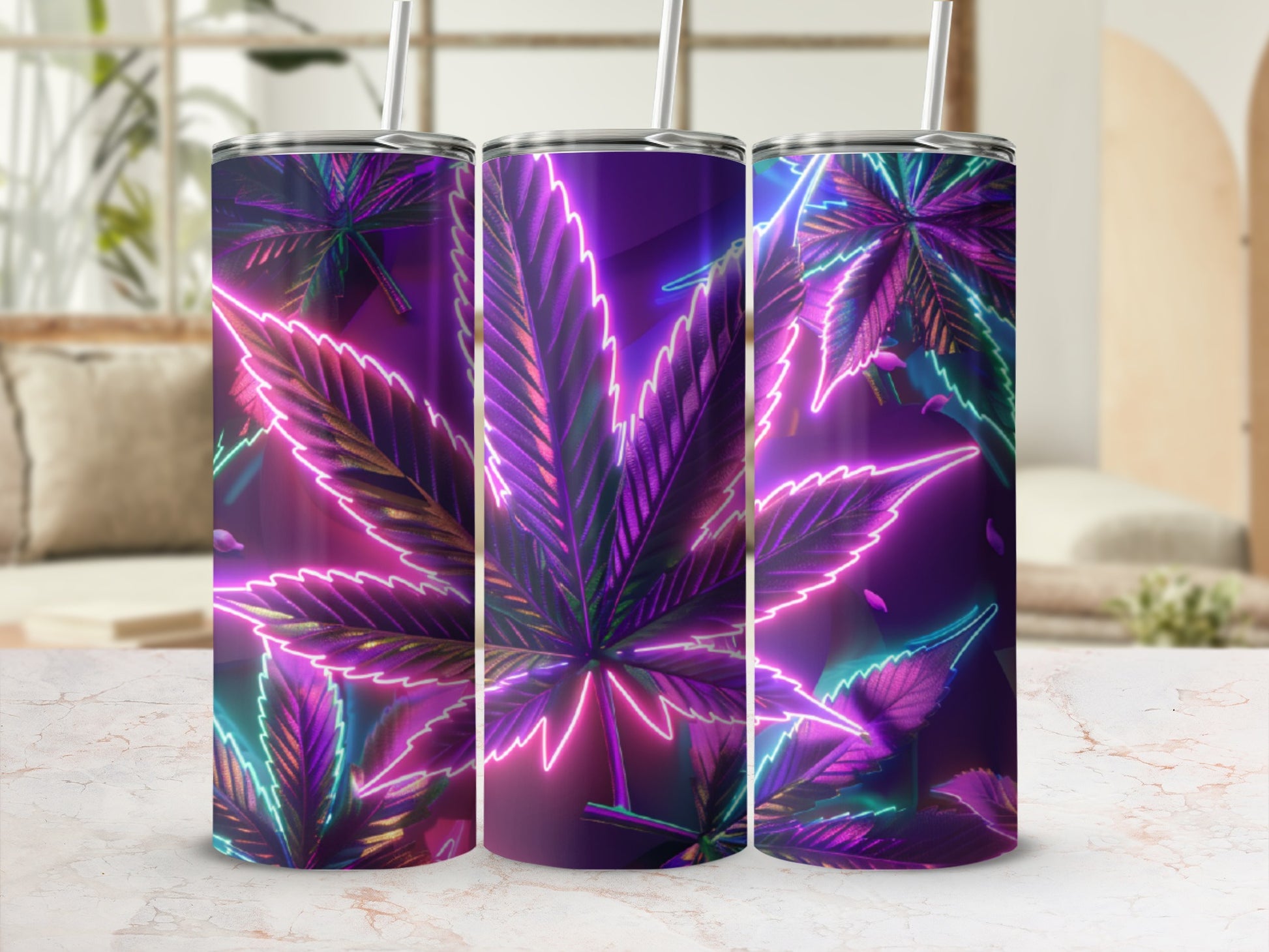 Three tumblers with neon cannabis leaf designs in purple and teal.