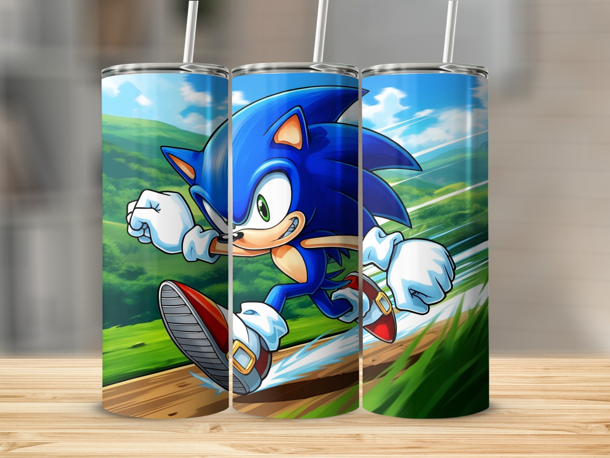 Sonic the Hedgehog running fast with motion blur on a grassy hill.