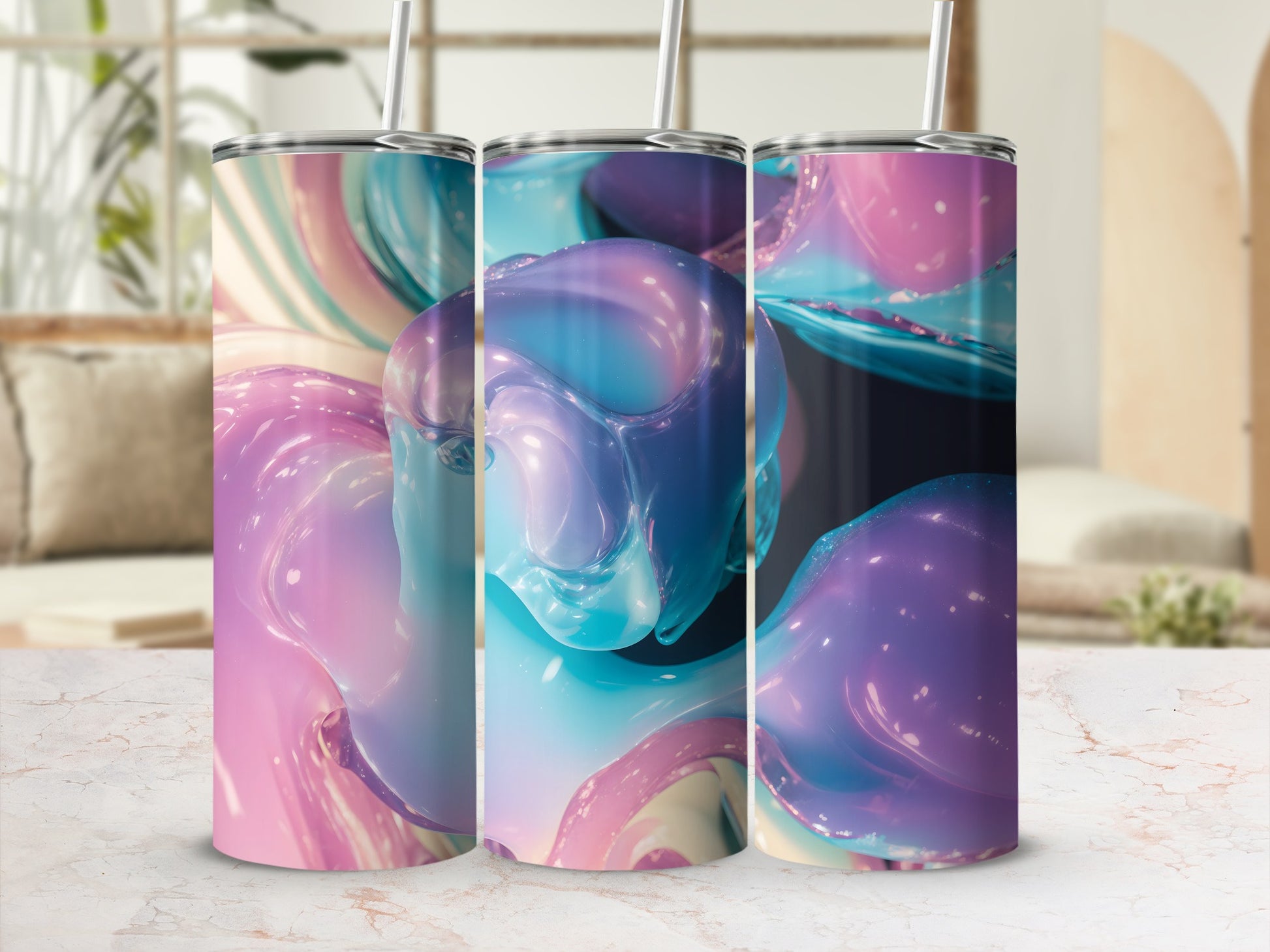 Three tall tumblers with iridescent, abstract swirls of purple and blue.