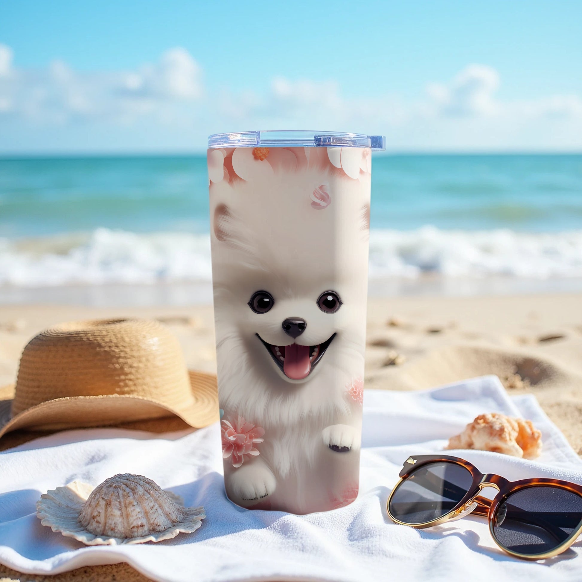 Smiling fluffy Pomeranian pink floral beach tumbler product type