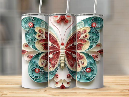 Three tumblers with intricate red and teal quilled butterfly designs.