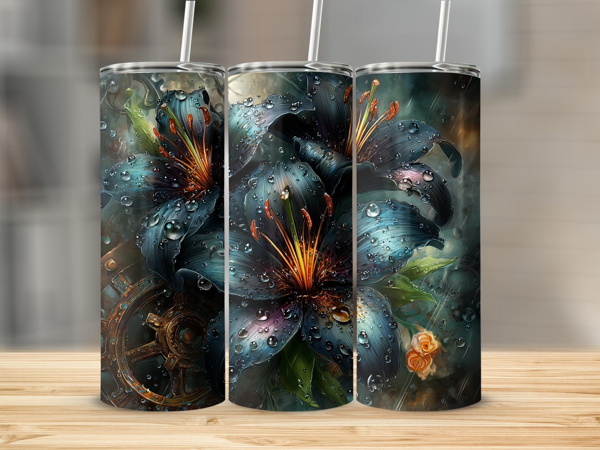 Beautiful Floral Design with Raindrop Effects Tumblers