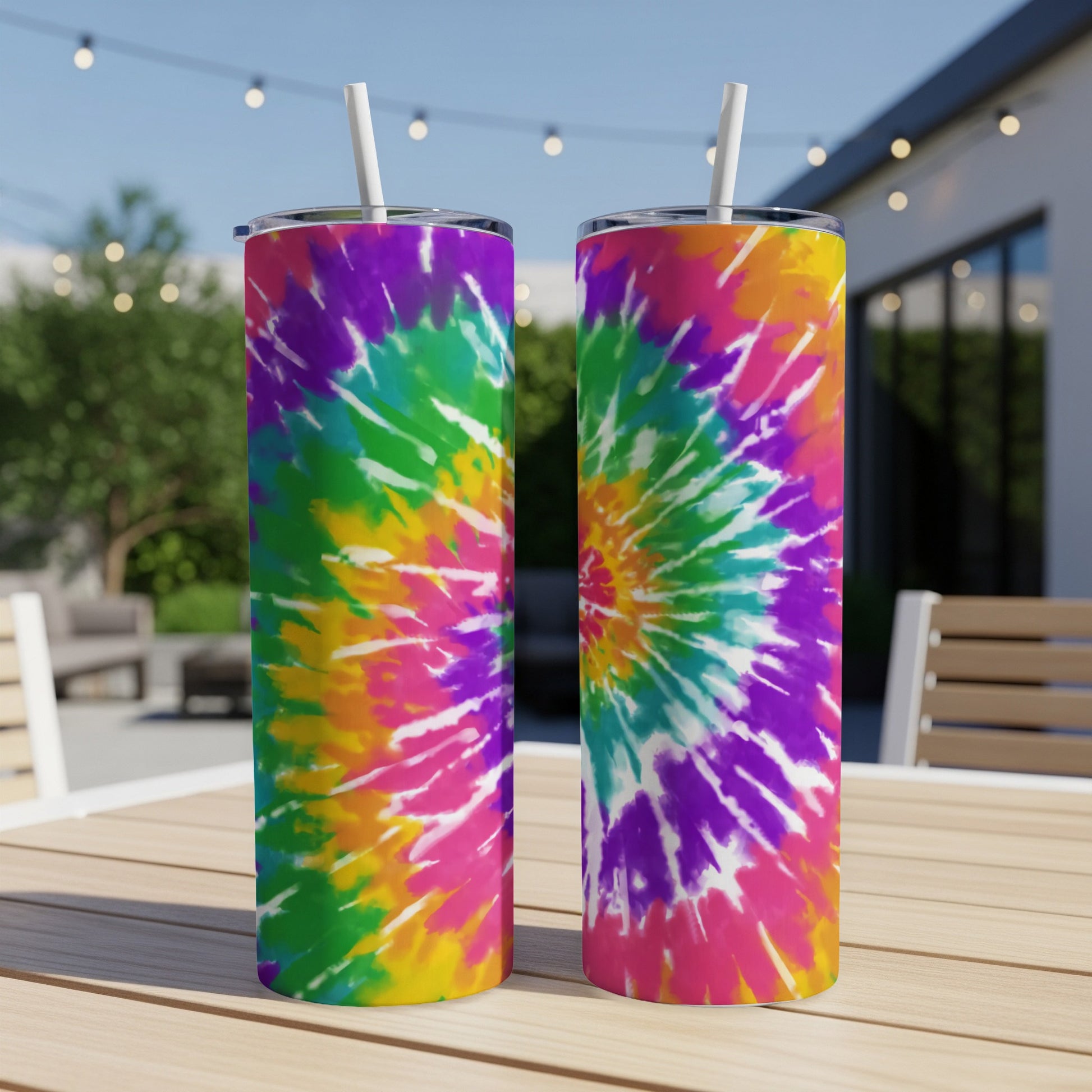 Two tumblers with colorful tie-dye pattern on a table.