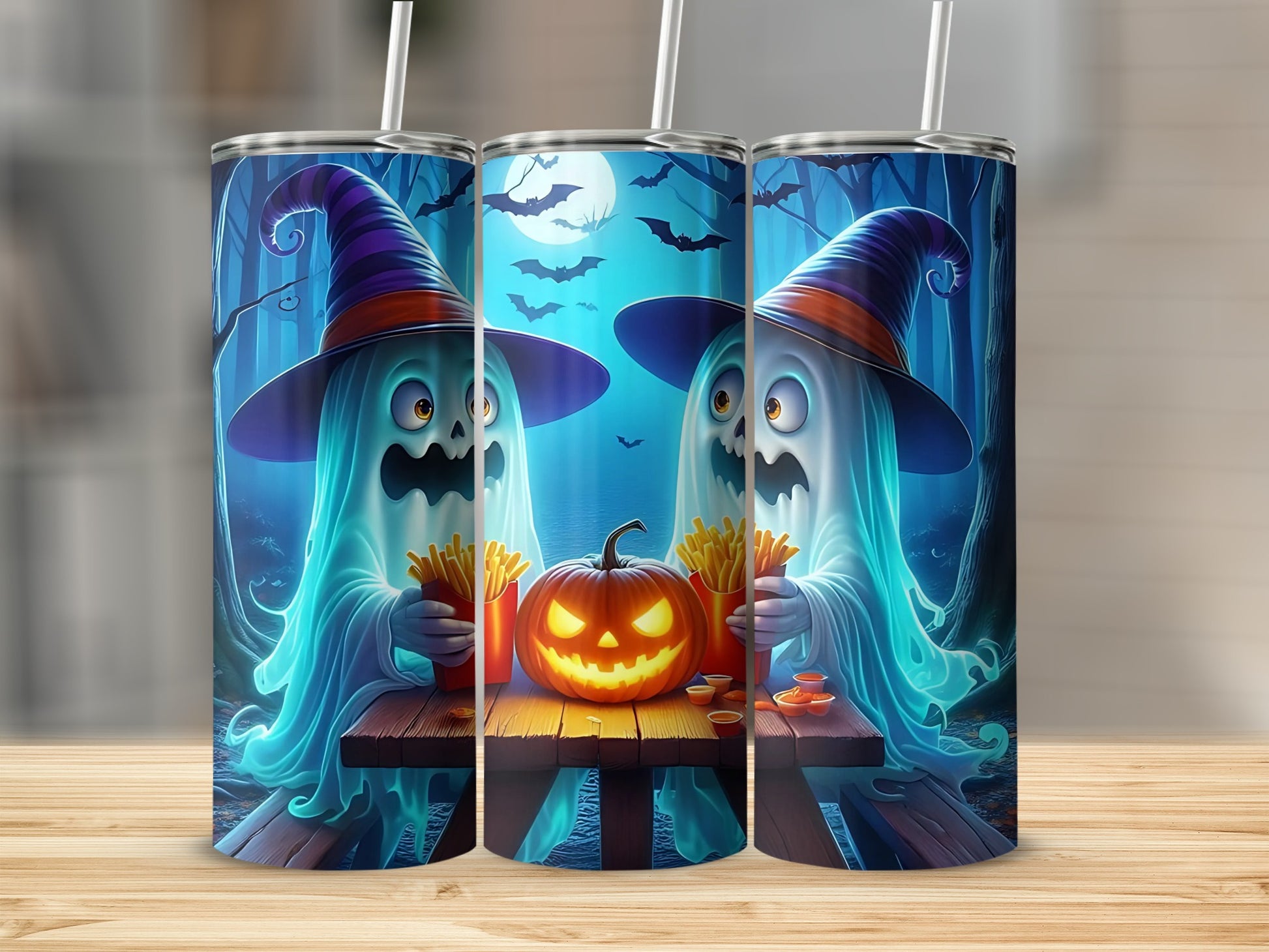 Three tumblers with Halloween ghosts, pumpkin, and french fries design.