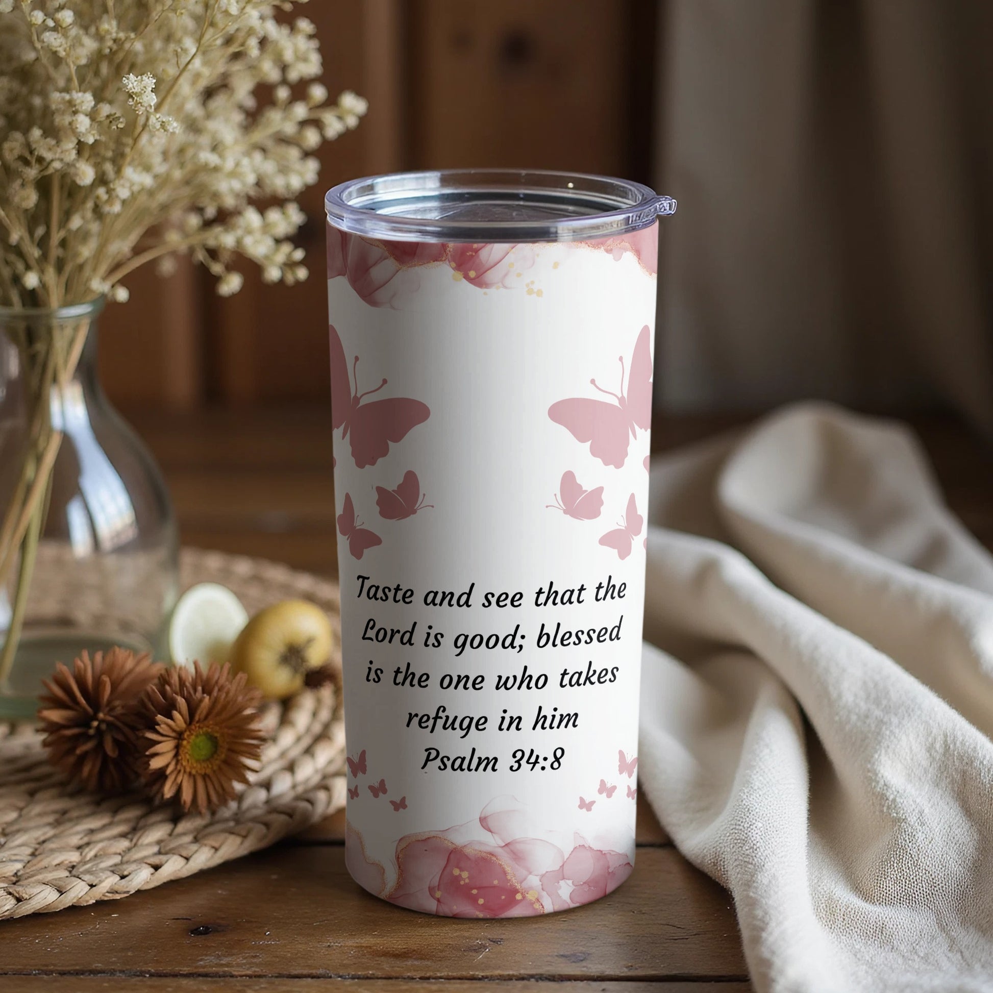 Inspirational Floral Butterfly Tumbler with Psalm 34:8