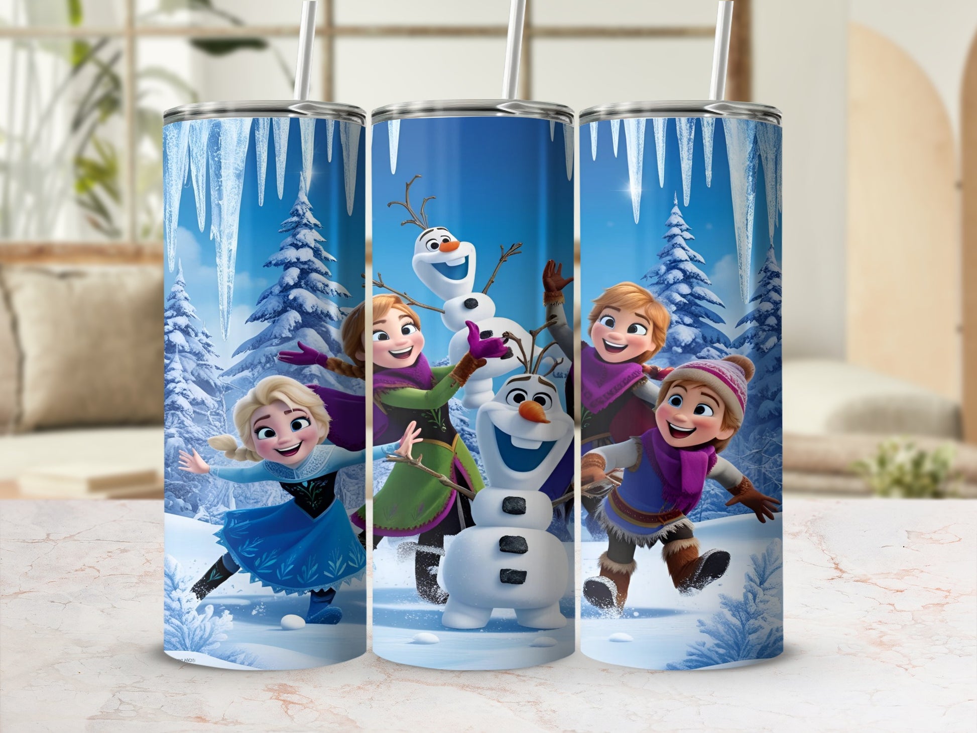Frozen characters Elsa, Anna, Kristoff, and Olaf on a snowy background.
