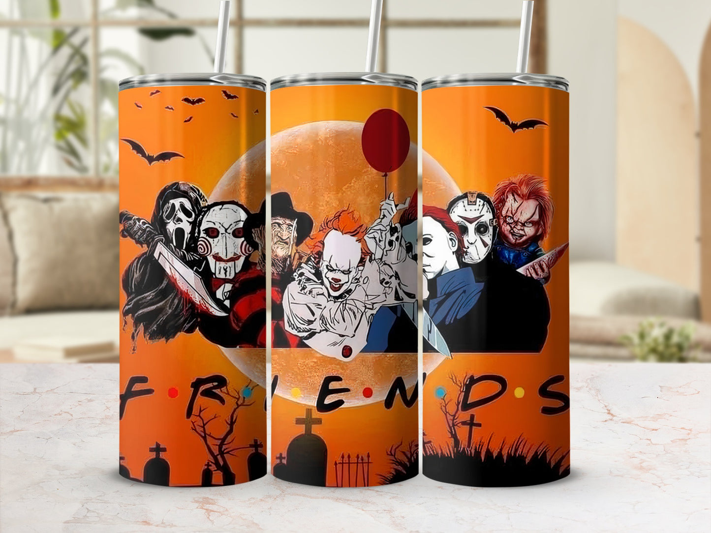 Horror movie characters are on tumblers with a large moon and "FRIENDS" text.