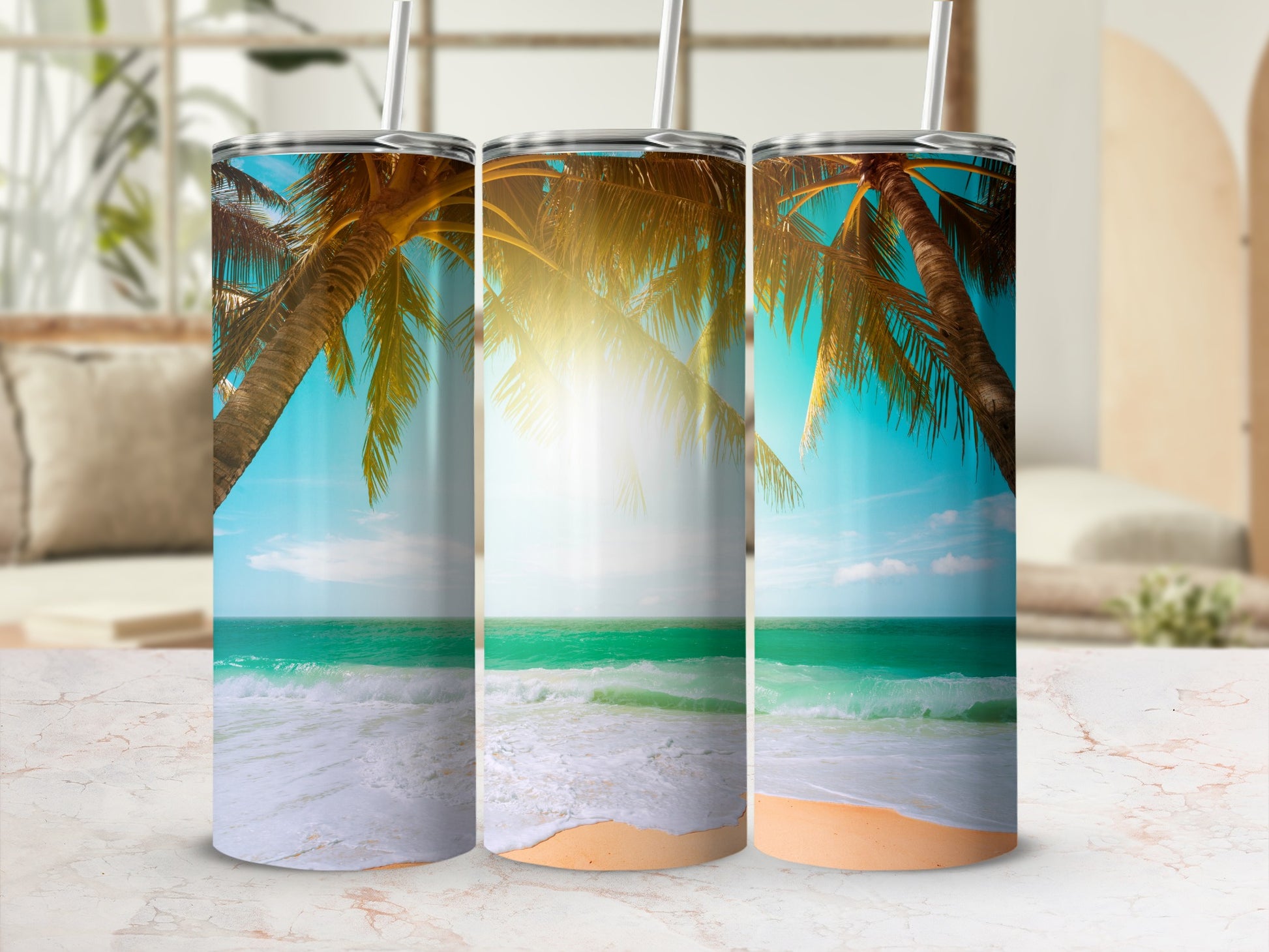 Tropical Beach Oasis Scene Tumbler Set