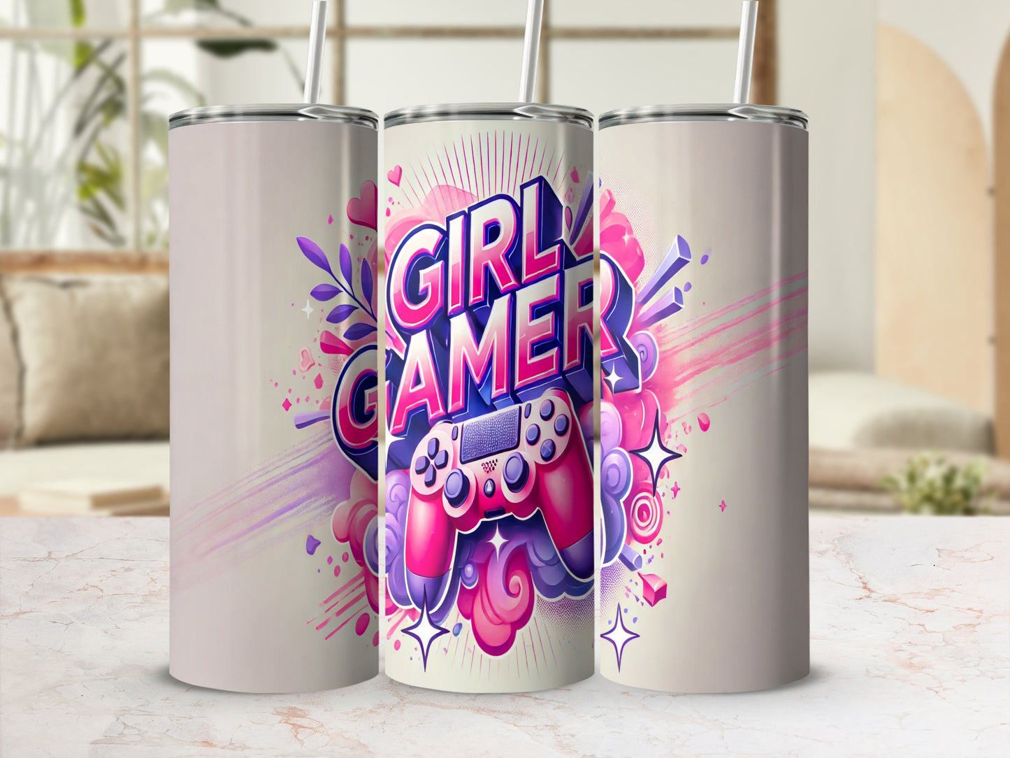 Pink and purple gamer tumbler with a controller and "Girl Gamer" text.