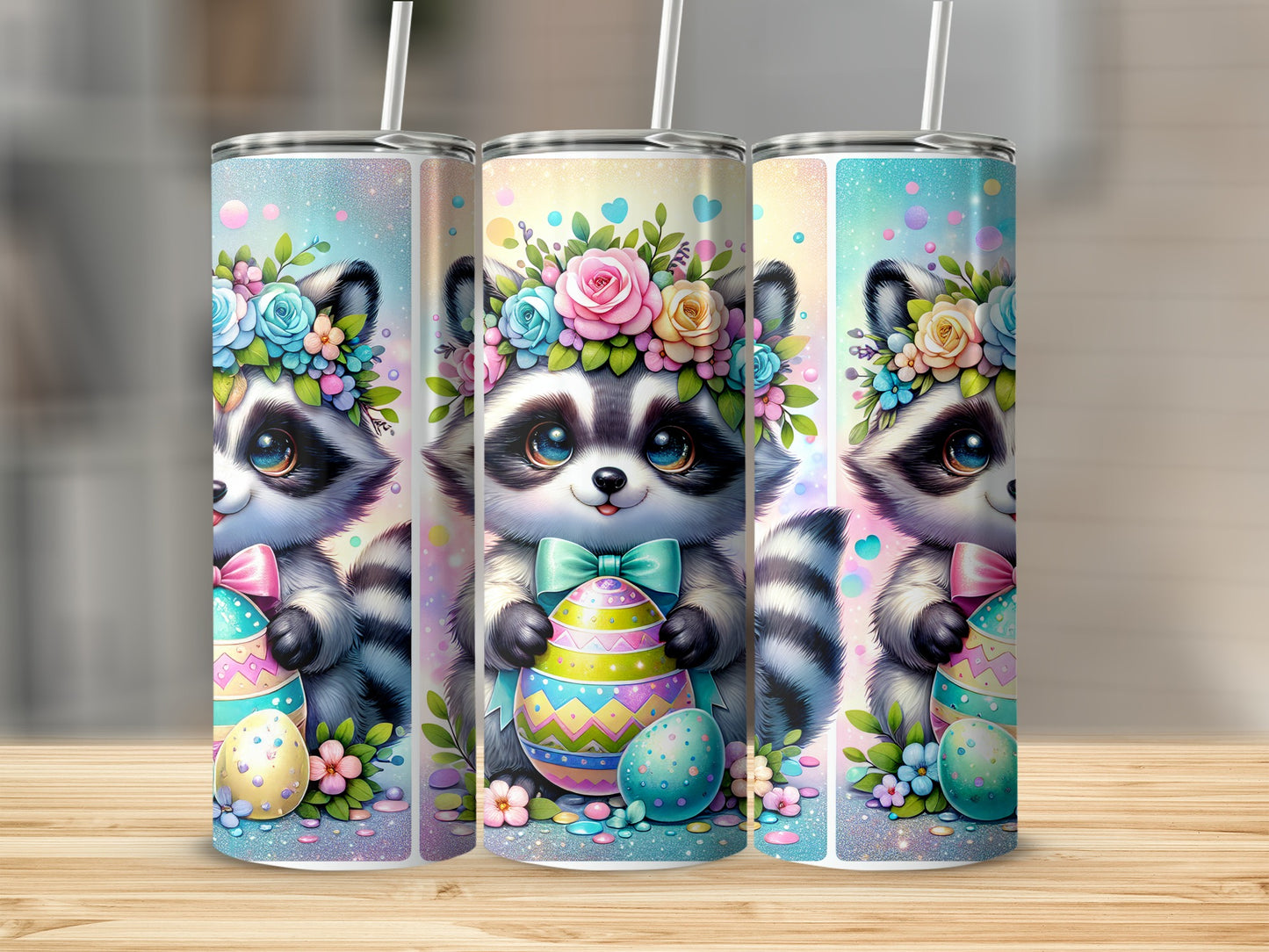 Three tumblers featuring a raccoon holding an Easter egg, adorned with flowers.