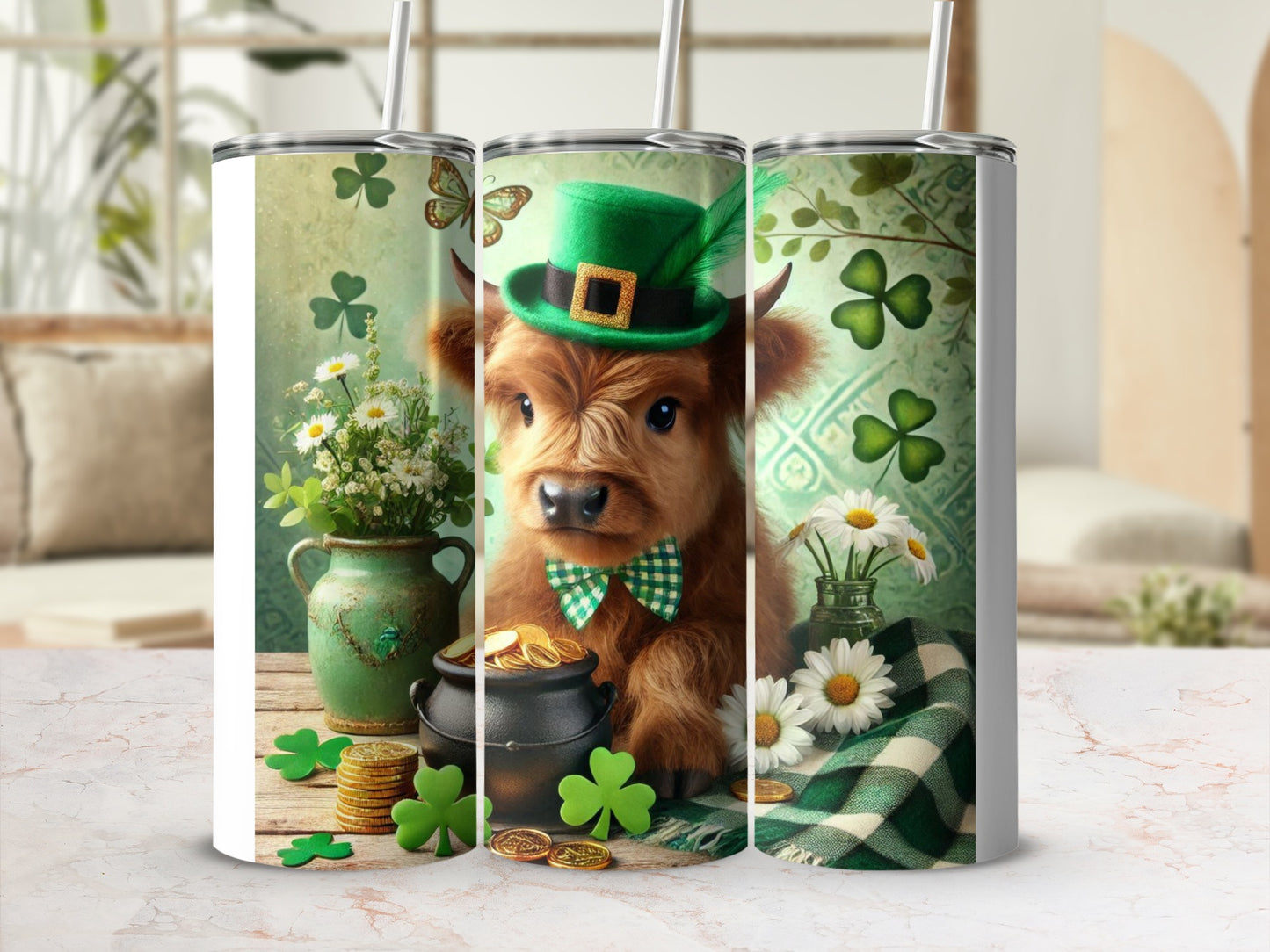 Highland cow in a green hat with shamrocks and gold coins.