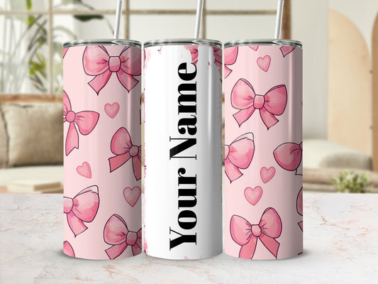 Personalized Pink Bow and Hearts Design Tumbler Cup