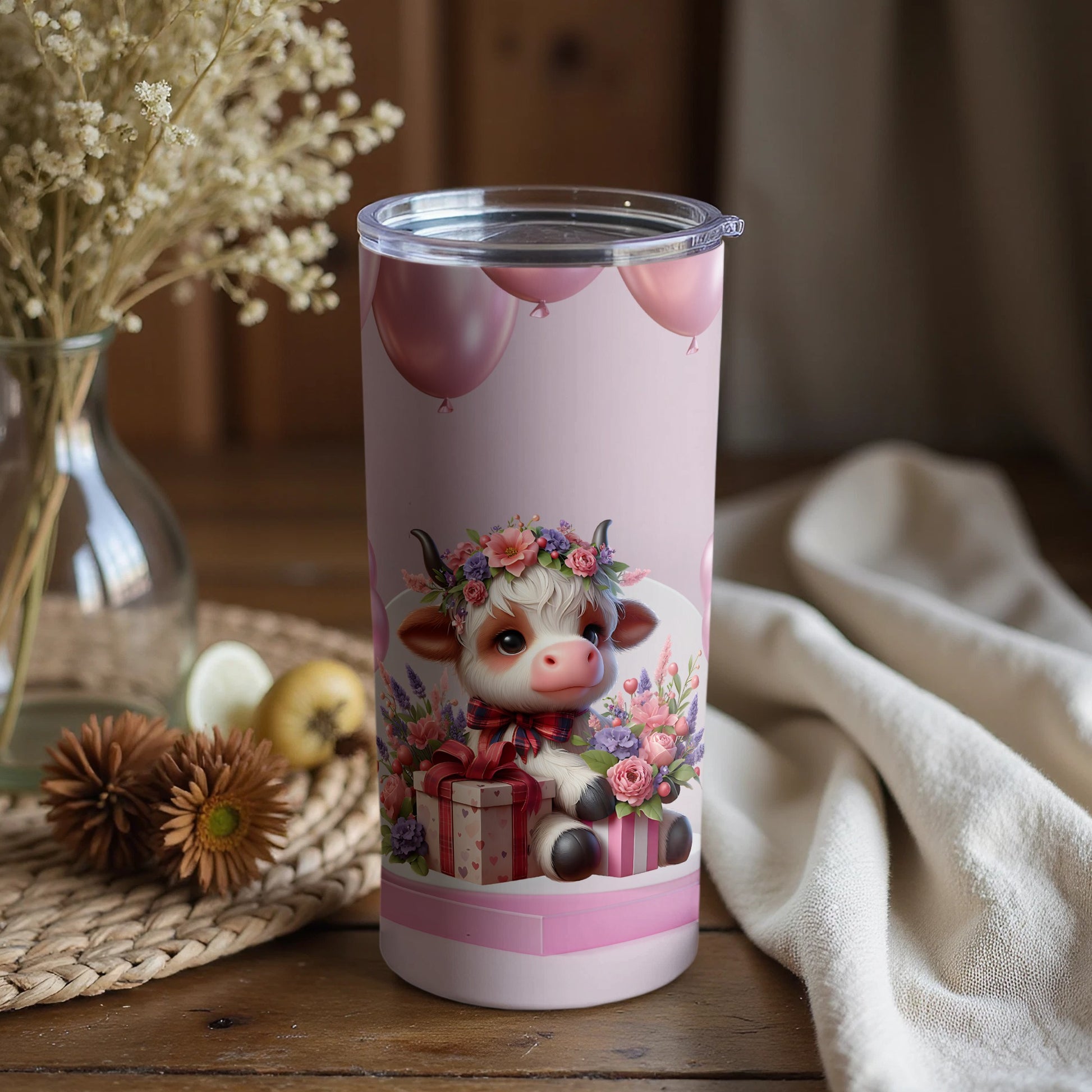 Cute Floral Cow with Balloons Tumbler for Enthusiasts