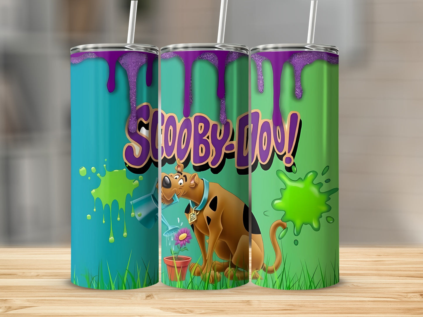 Scooby-Doo tumbler with Scooby-Doo, purple drips, and green splatters.