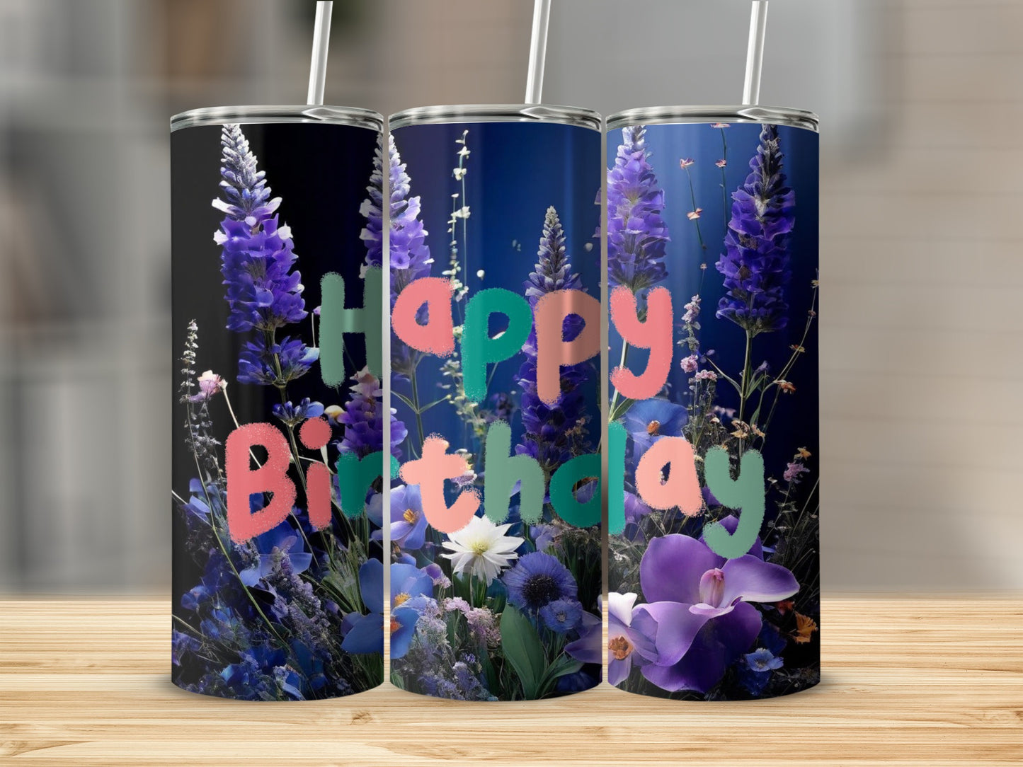 Three tumblers with floral designs and "Happy Birthday" text.