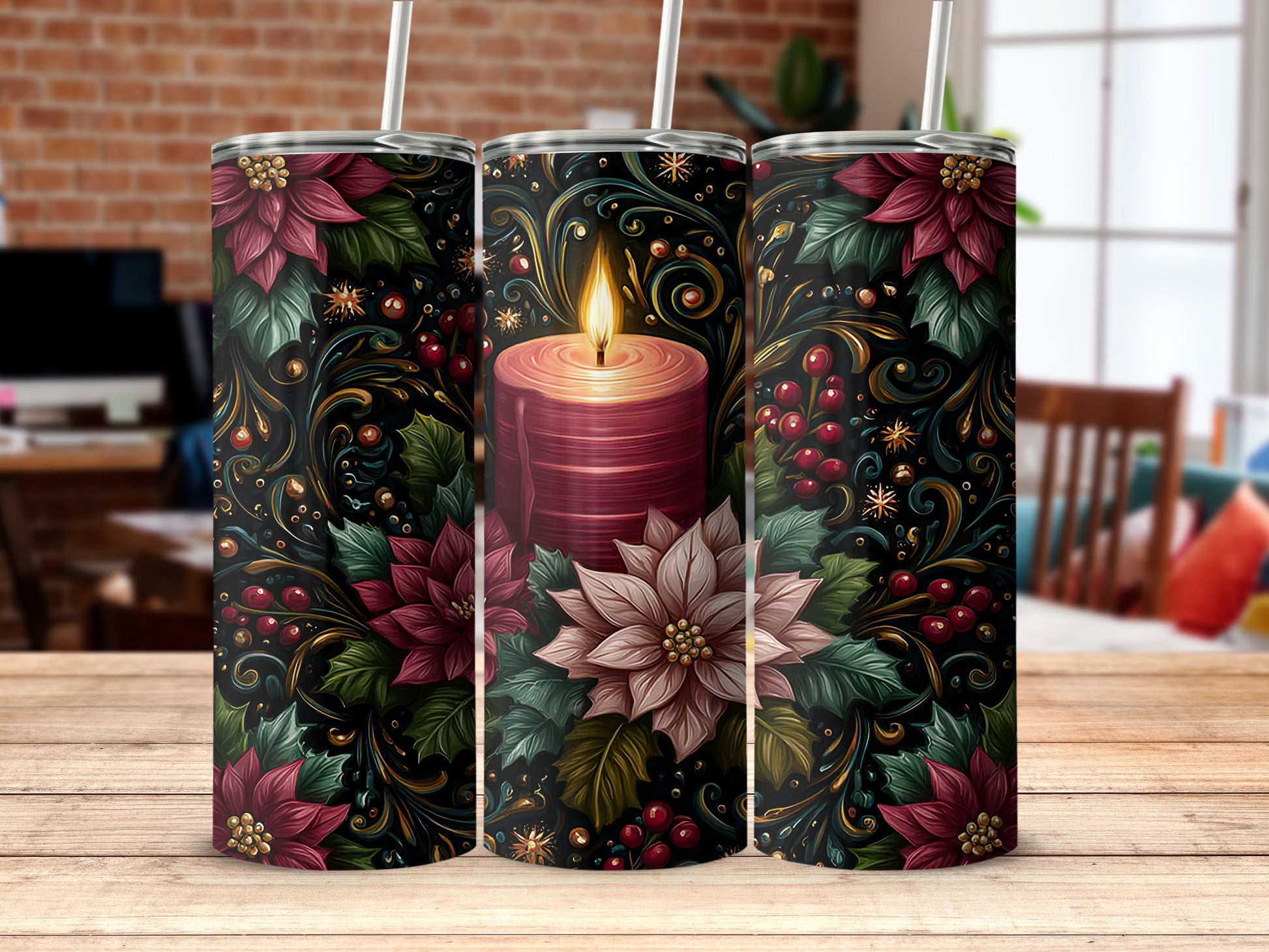 Festive Floral Christmas Candle Steel Tumbler Product