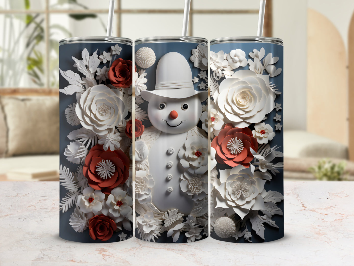 Festive Snowman and Floral Design Tumbler Flask
