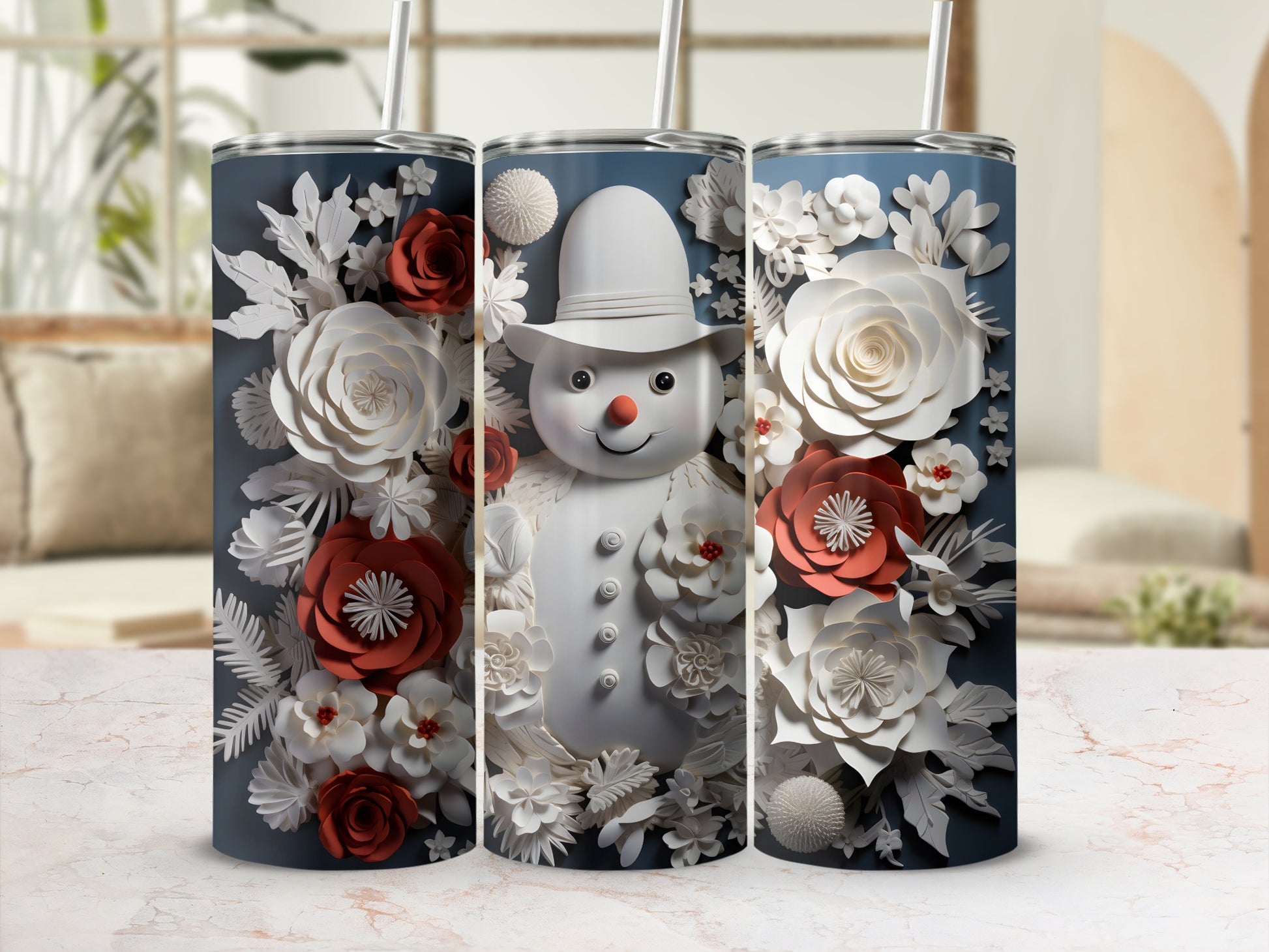 Festive Snowman and Floral Design Tumbler Flask