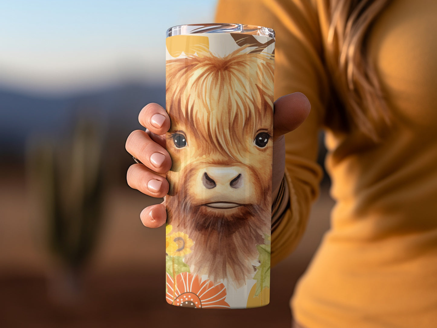 Highland Cow Tumbler with Floral Design for Beverages