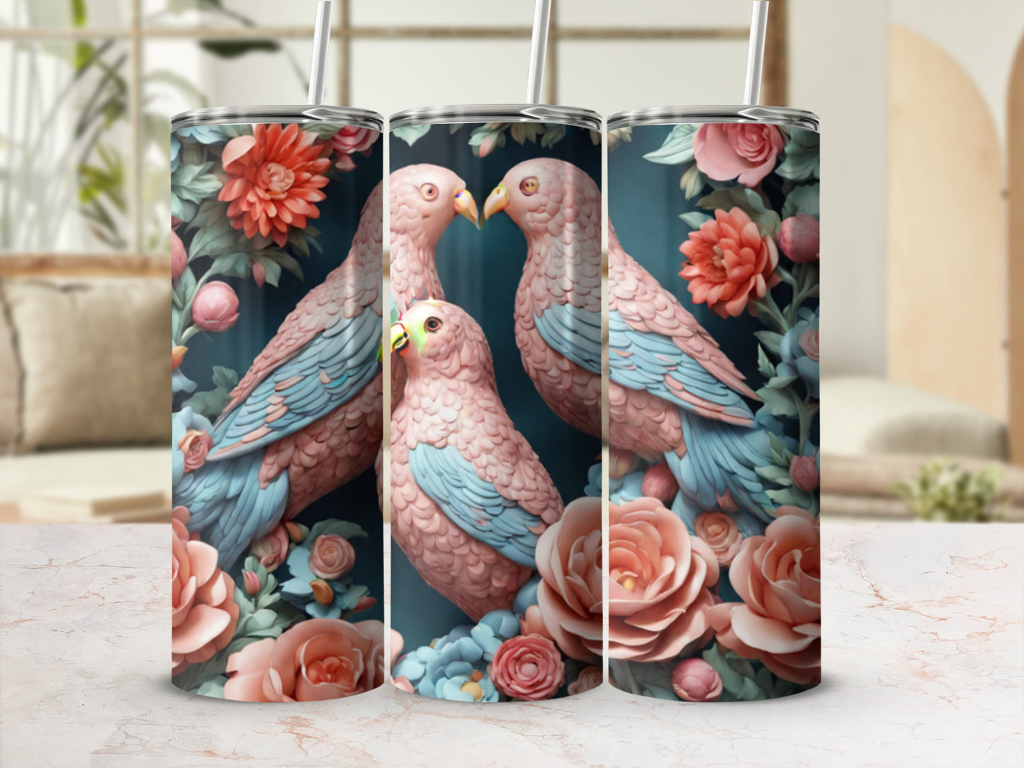 Three pink and blue birds nestled among roses and floral foliage.