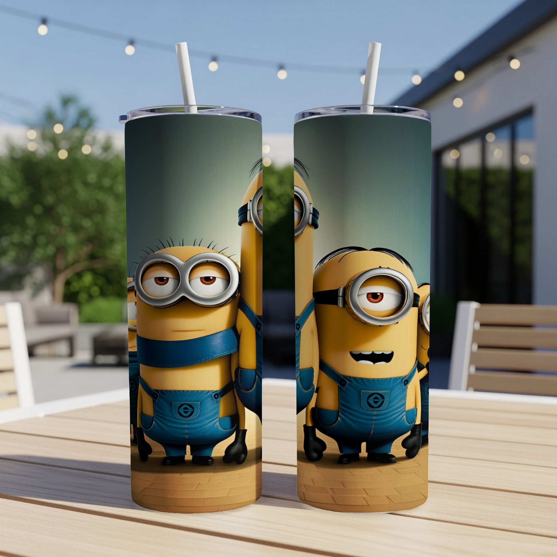 Two Minion characters in denim overalls stand side-by-side on a tumbler.