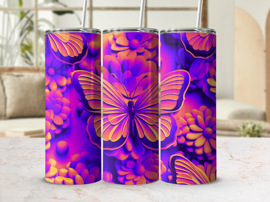 Purple and orange butterfly and floral pattern on three tumblers.