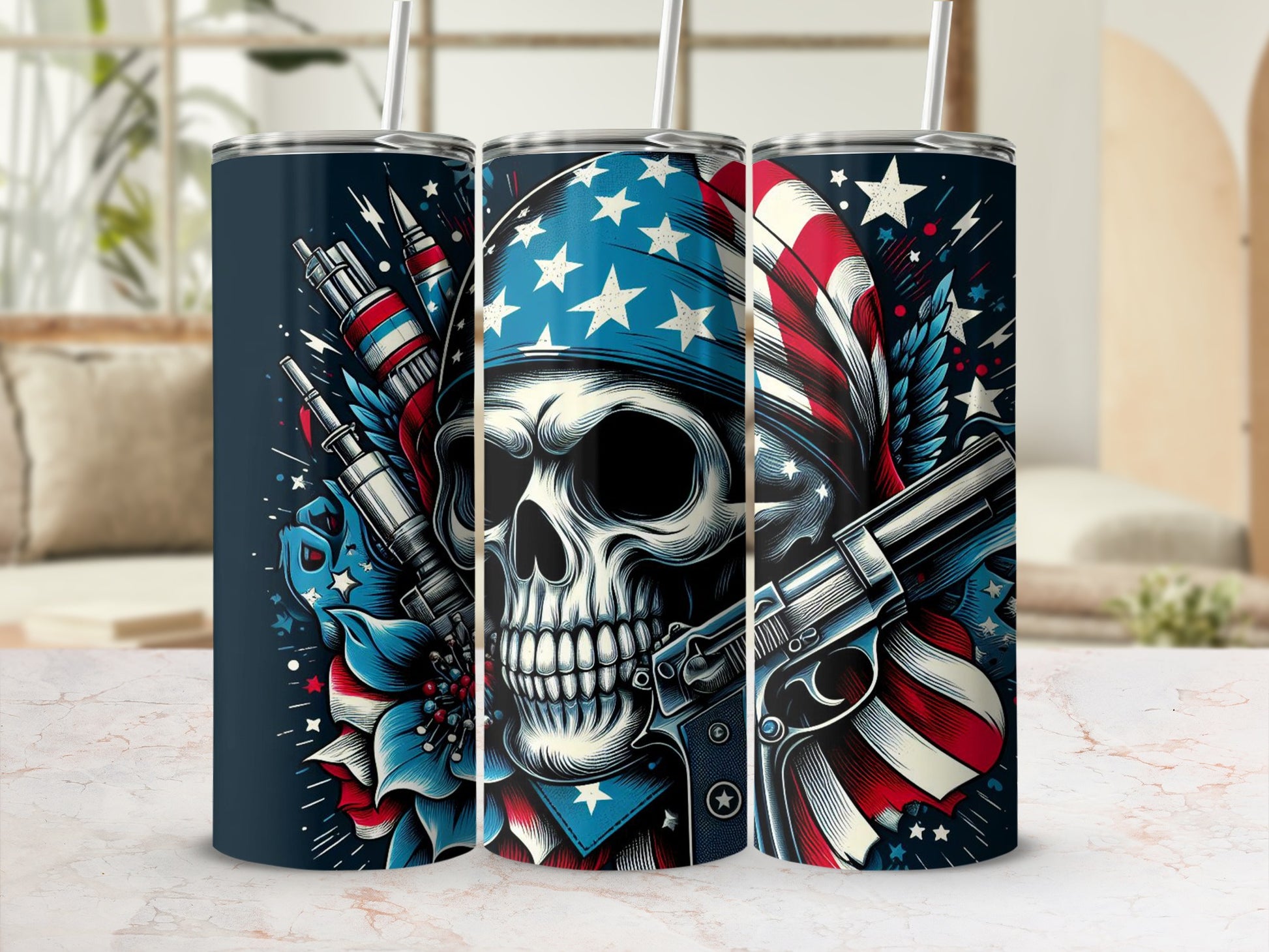 Skull with American flag bandana, gun, and floral elements on a dark background.