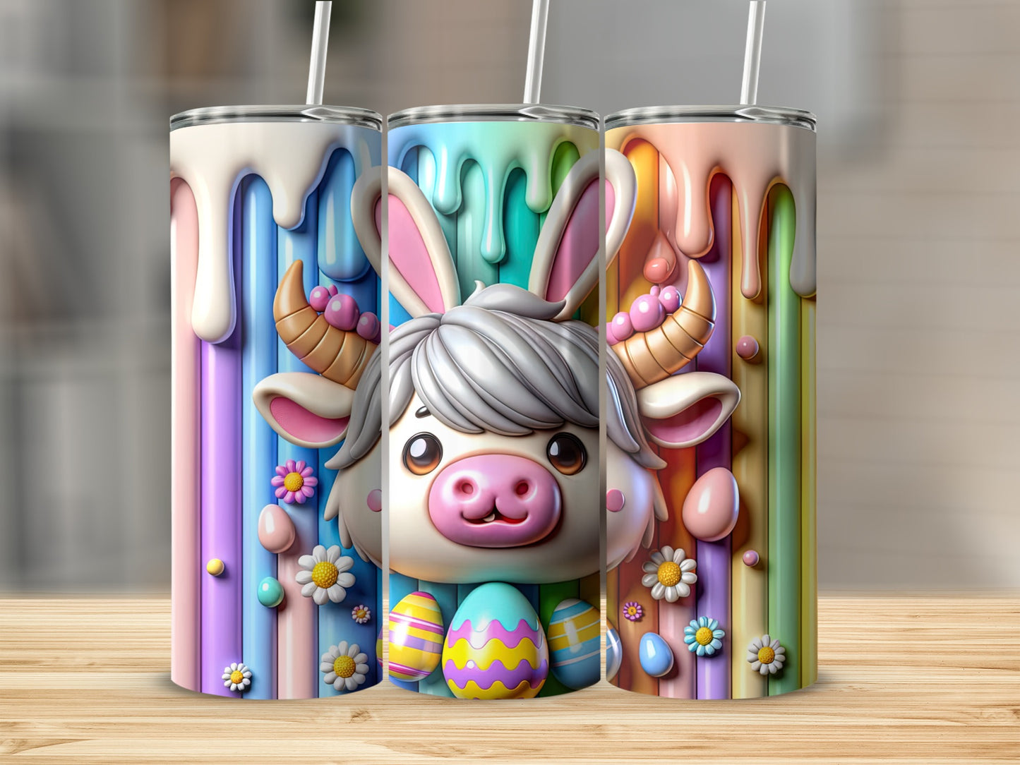 Cute cartoon bunny with Easter eggs and dripping paint on a tumbler.