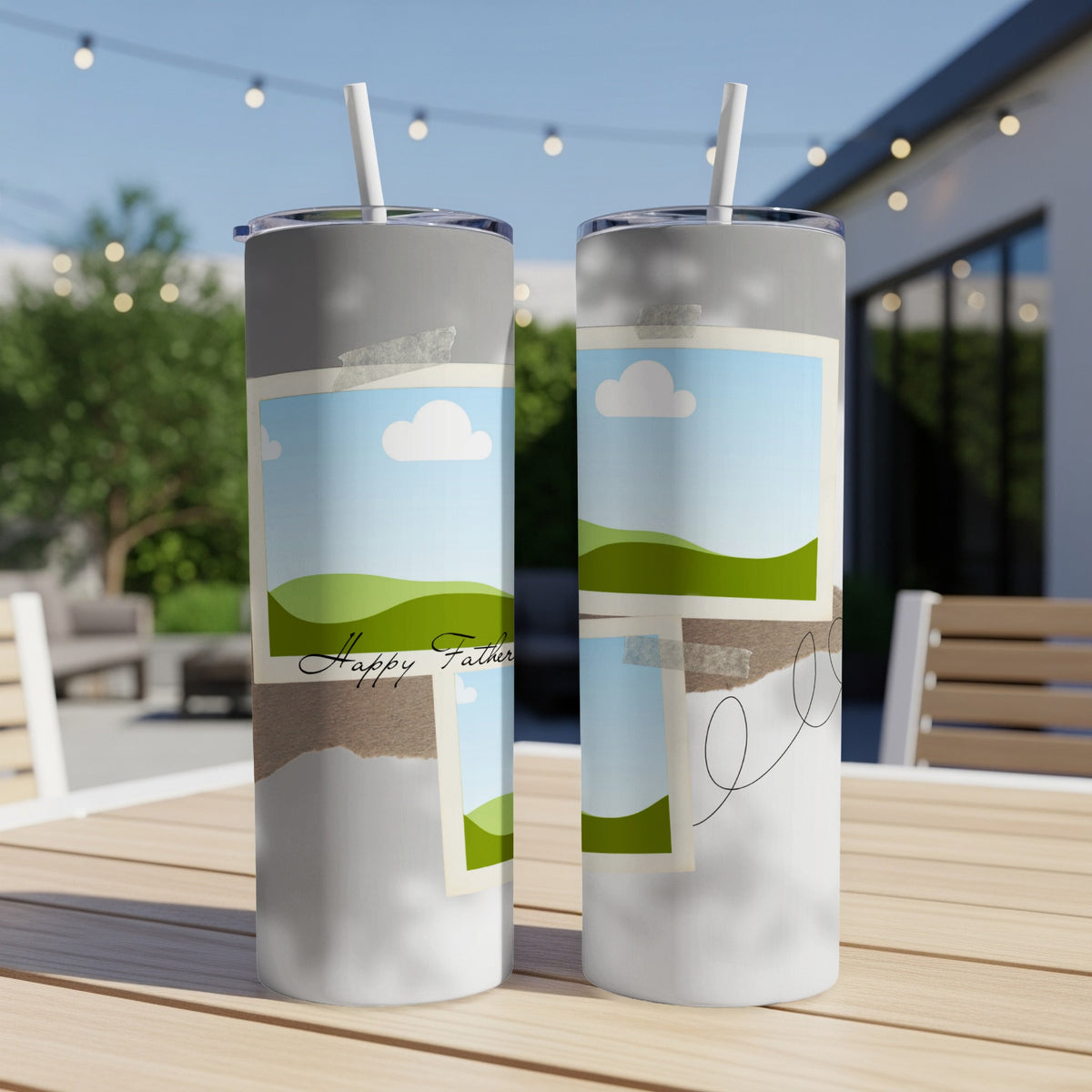 Two tumblers with a "Happy Father's Day" design featuring torn paper and photo frames.
